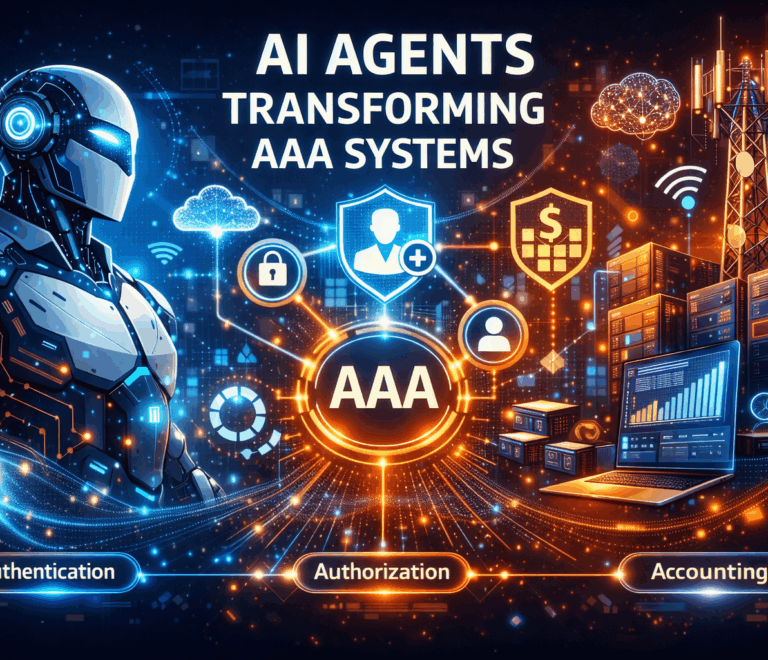 Futuristic illustration of AI agents automating Authentication, Authorization, and Accounting (AAA) systems to improve telecom network operations, security, and performance.